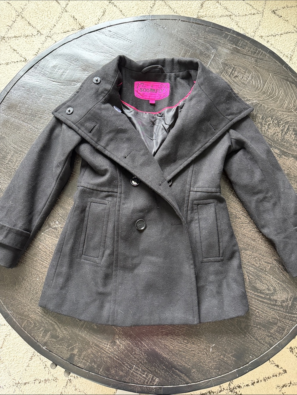 Sugarfly Black Pea Coat with Pink Lining